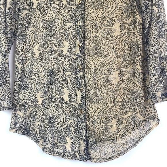 Perseption Concept Womens Semi Sheer Button Down Blouse Top Size Large Tan Black - Picture 4 of 16